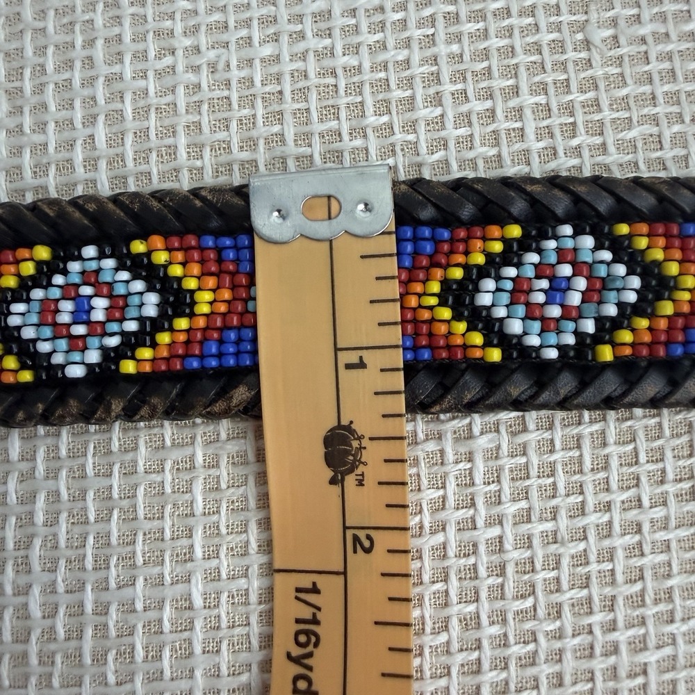 VTG Beaded Leather Belt Size 30 Southwestern Aztec Silver Buckle Country Western - Picture 5 of 16